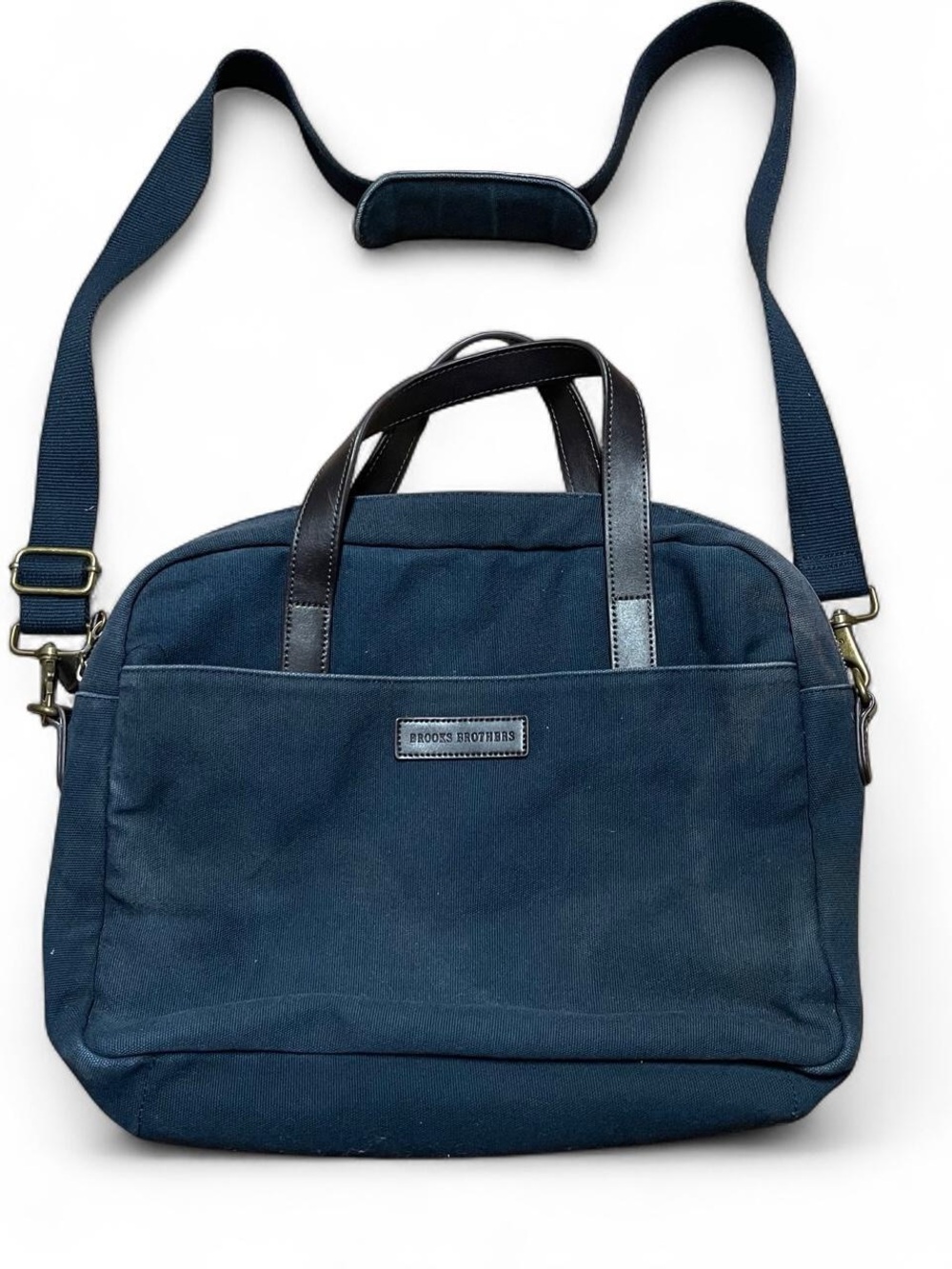 Brooks Brothers Briefcase Navy W/ Brown Leather Handles Canvas Bag Office